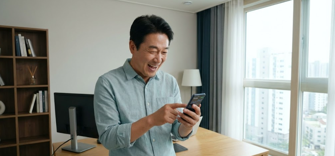 스마트폰으로 주택연금 예상 수령액을 확인하며 밝게 웃는 중년 남성