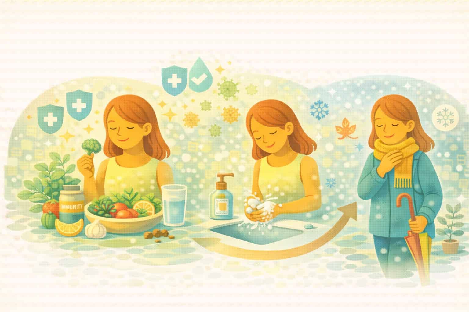 면역력 강화 식단, 철저한 위생 습관, 계절별 건강 관리를 통해 감기를 예방하는 여성의 일러스트