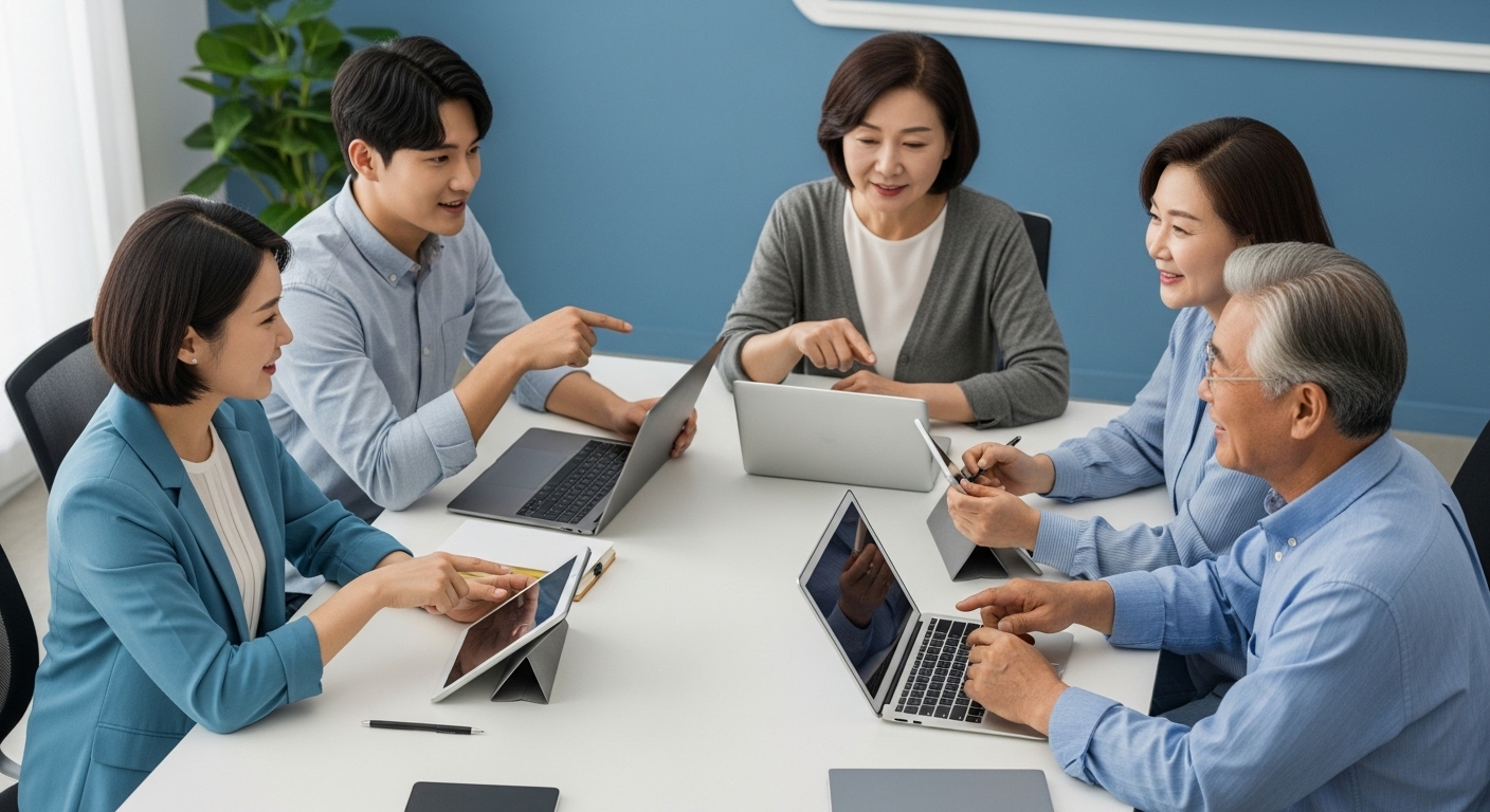 다양한 연령대의 한국인들이 테이블에 앉아 태블릿과 노트북으로 자동차보험 특약과 보장 플랜에 대해 논의하는 모습