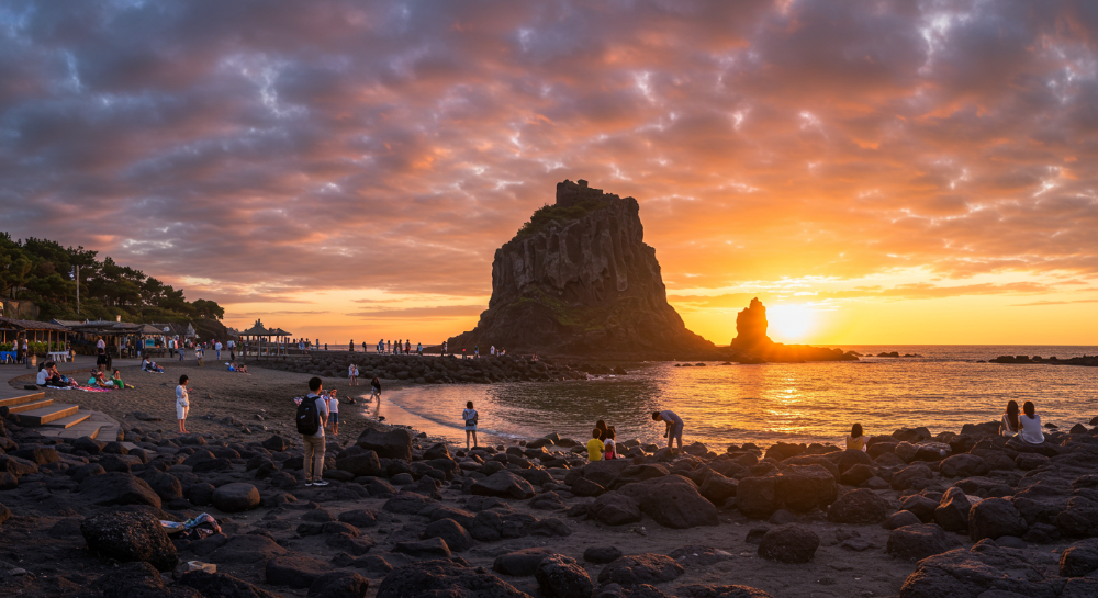 제주시 용두암과 노을 지는 탑동 해변공원 풍경