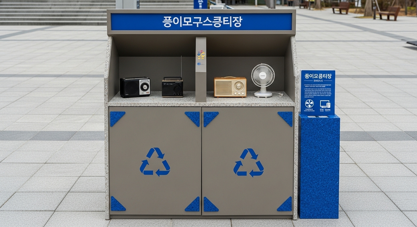 아파트 단지나 주민센터 앞에 설치된 '소형 폐가전 수거함'. 재활용 가능한 작은 가전제품들이 수거함에 들어있는 모습.
