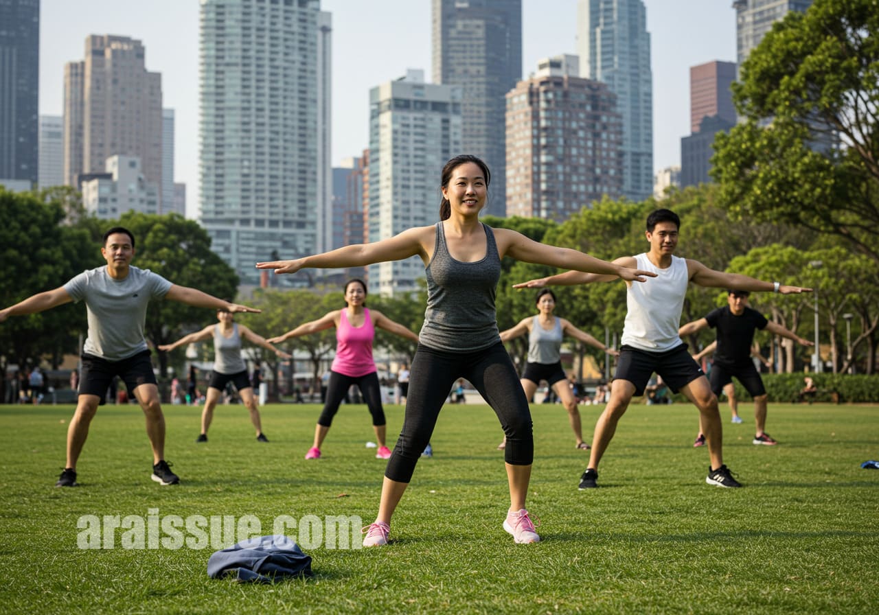 공원에서 함께 운동하는 지역 주민들. 현대적인 도시 배경을 두고 다양한 연령대의 사람들이 건강한 라이프스타일을 즐기며 운동하고 있다.