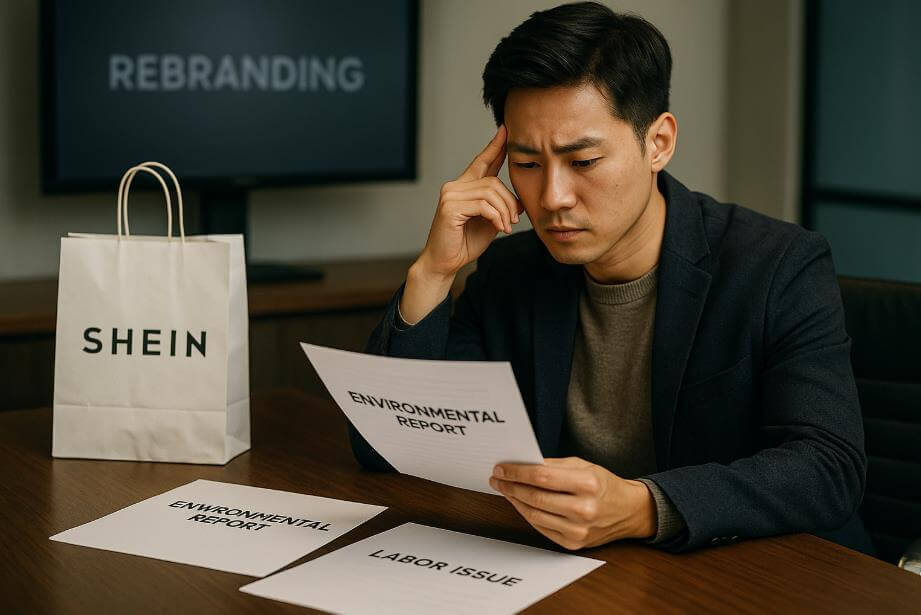 환경&middot;노동&middot;품질 논란 자료를 검토하며 리브랜딩 전략을 고민하는 브랜드 담당자