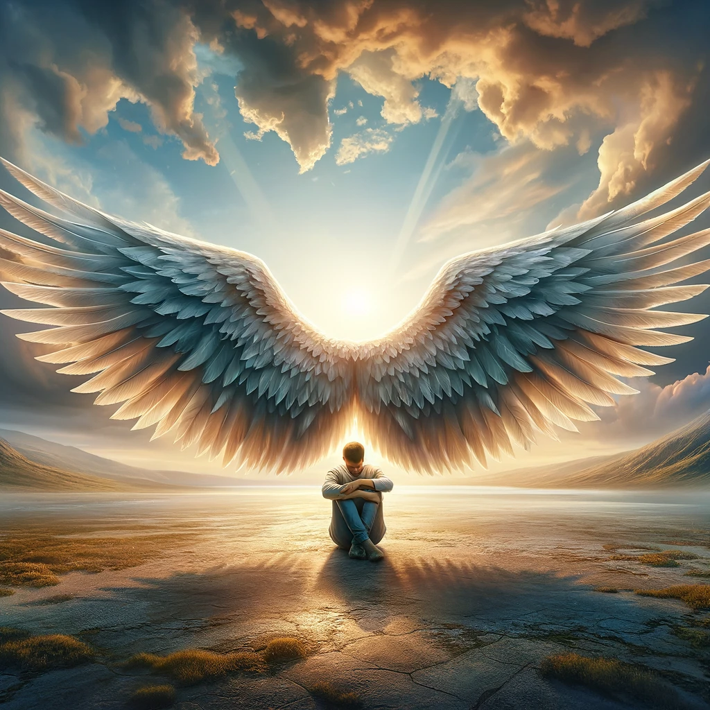 Here's the image symbolizing God's mercy and protection, with a person being sheltered under God's wings. If there's anything else you'd like to add or change, just let me know!