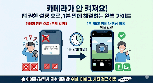 "카메라가 안 켜져요!" 앱 권한 설정 오류, 1분 만에 해결하는 완벽 가이드 (아이폰/갤럭시 위치, 마이크, 사진 접근 허용)