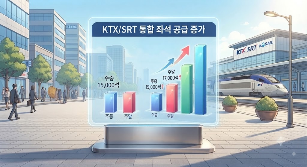 'KTX/SRT 통합 좌석 공급 증가' 현황을 보여주는 전문적인 대형 디지털 대시보드. 주중 및 주말 좌석 확대 수치를 상승하는 막대그래프와 데이터로 명확하게 시각화한 교통 경제 정보 대표 이미지