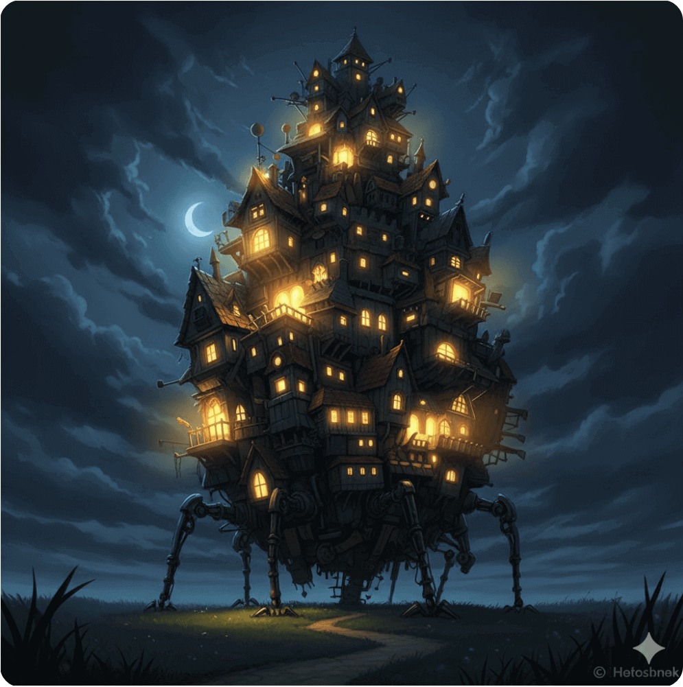 alt="밤하늘 아래 하울의 성이 불안정하게 걷지만 창문마다 따뜻한 불빛이 새어 나와 집으로 변하는 모습을 표현한 일러스트"