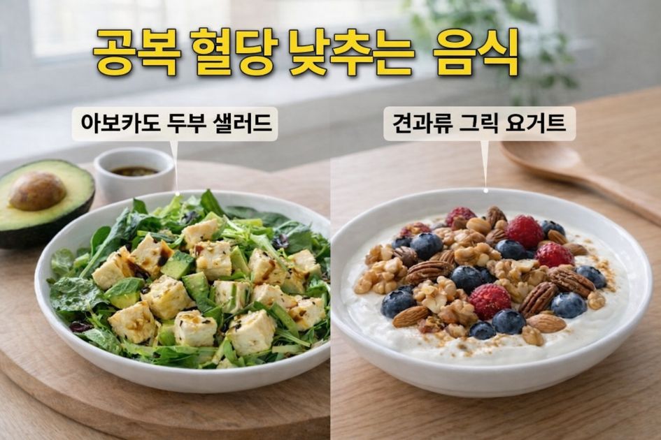 Healthy breakfast for lowering fasting blood sugar with avocado tofu salad and Greek yogurt bowl with nuts and berries