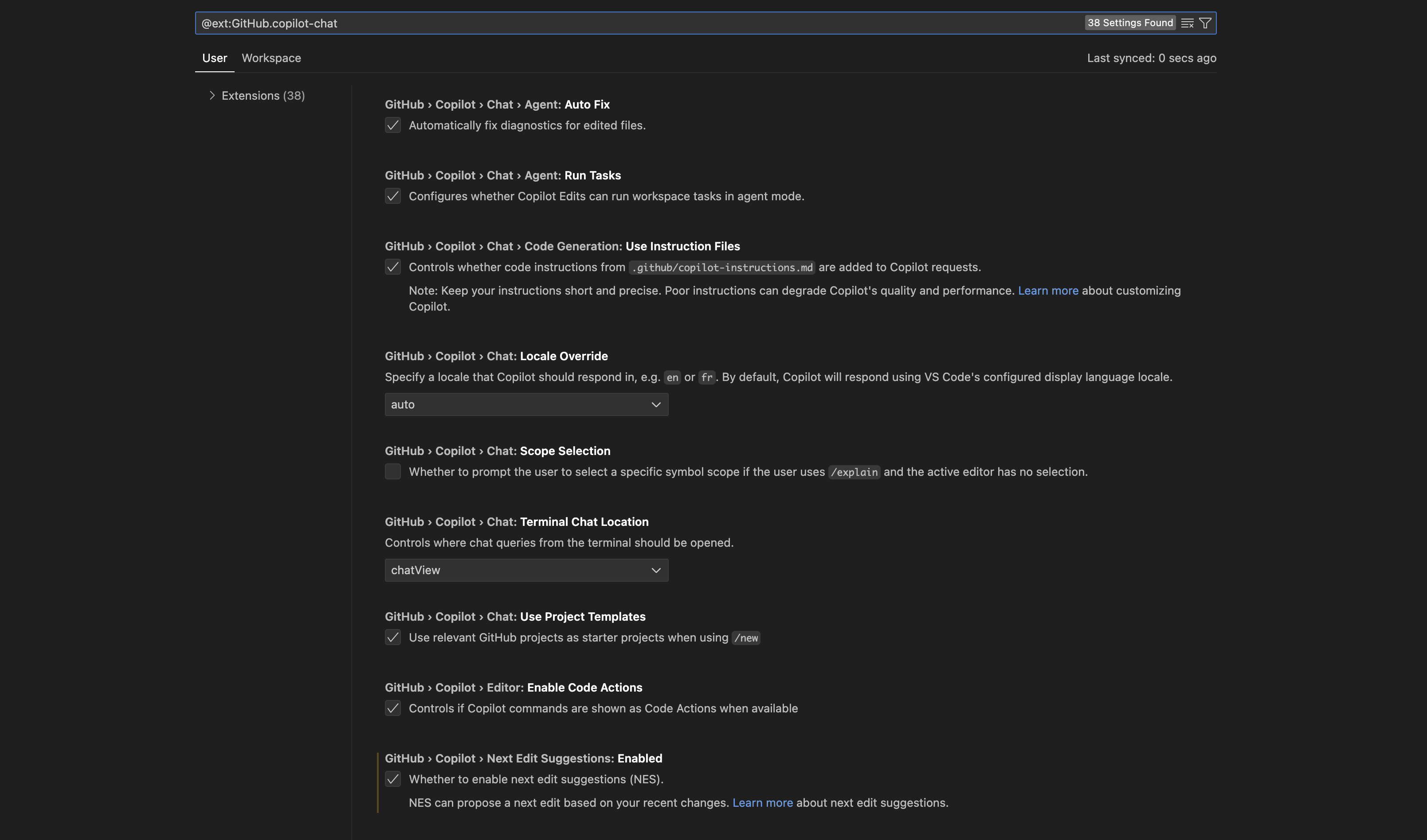 VSCODE : @Ext:GitHub Copilot Chat에 대한 설정