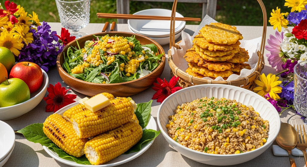 여름 식탁 위에 다양한 옥수수 요리