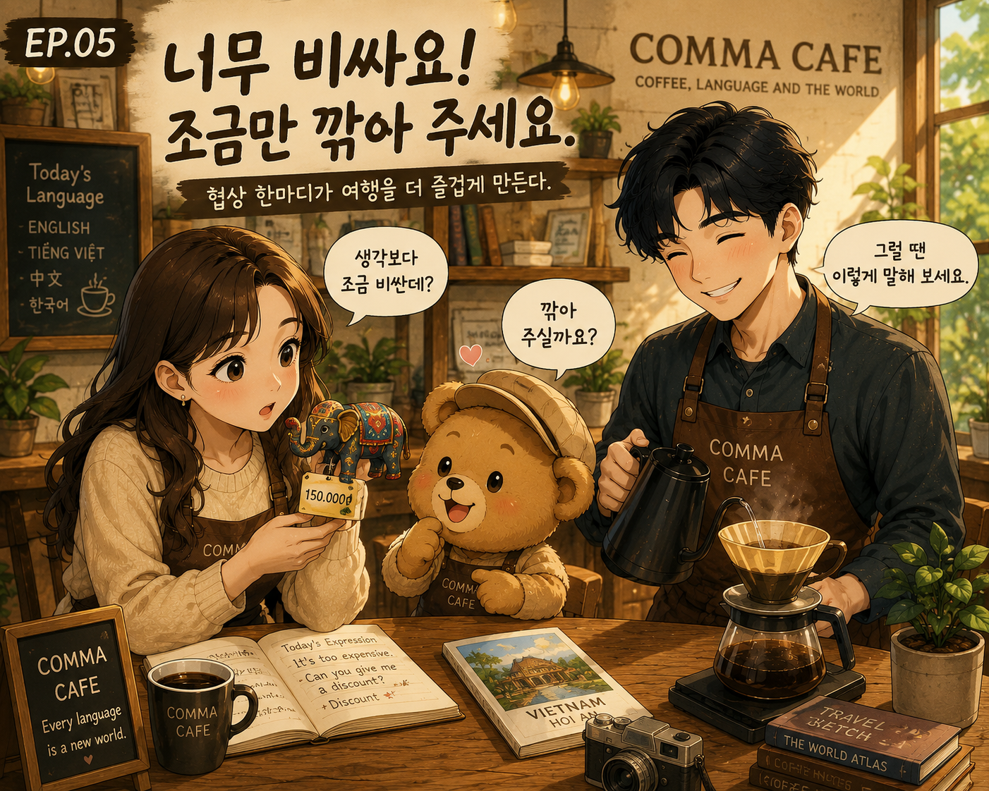 COMMA CAFE에서 시장에서 사 온 작은 기념품 가격을 보며 놀라는 쉼표와, 협상 표현을 알려주는 푸름, 옆에서 기대하는 은돌이가 함께 있는 따뜻한 카페 장면