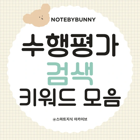 연한 베이지색 격자무늬에 가운데 흰색 원을 넣고 그 위에 수행평가 검색 키워드 모음 이라고 적었다. 수행평가 글자 앞에 작은 베이지색 곰돌이가 있다.