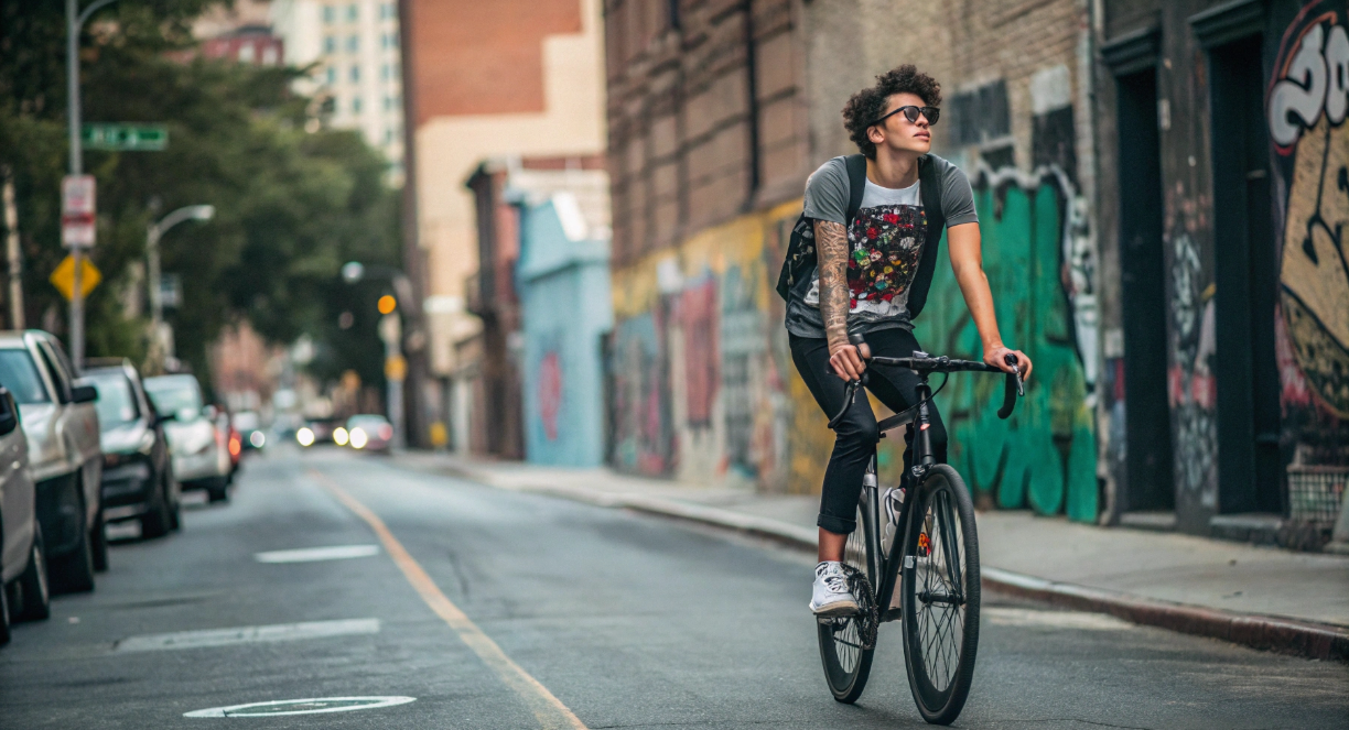 MZ세대가 픽시 자전거를 도로에서 타고있다.