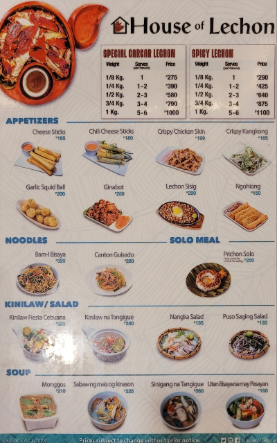 세부 맛집 하우스 오브 레촌 메뉴판1