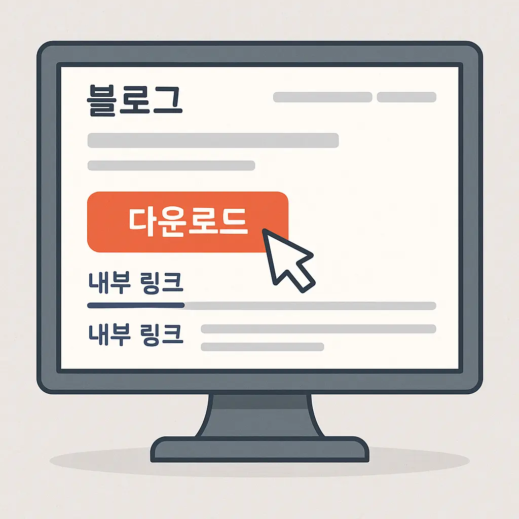 블로그 글에 다운로드 버튼과 내부 링크가 함께 배치된 화면 구성