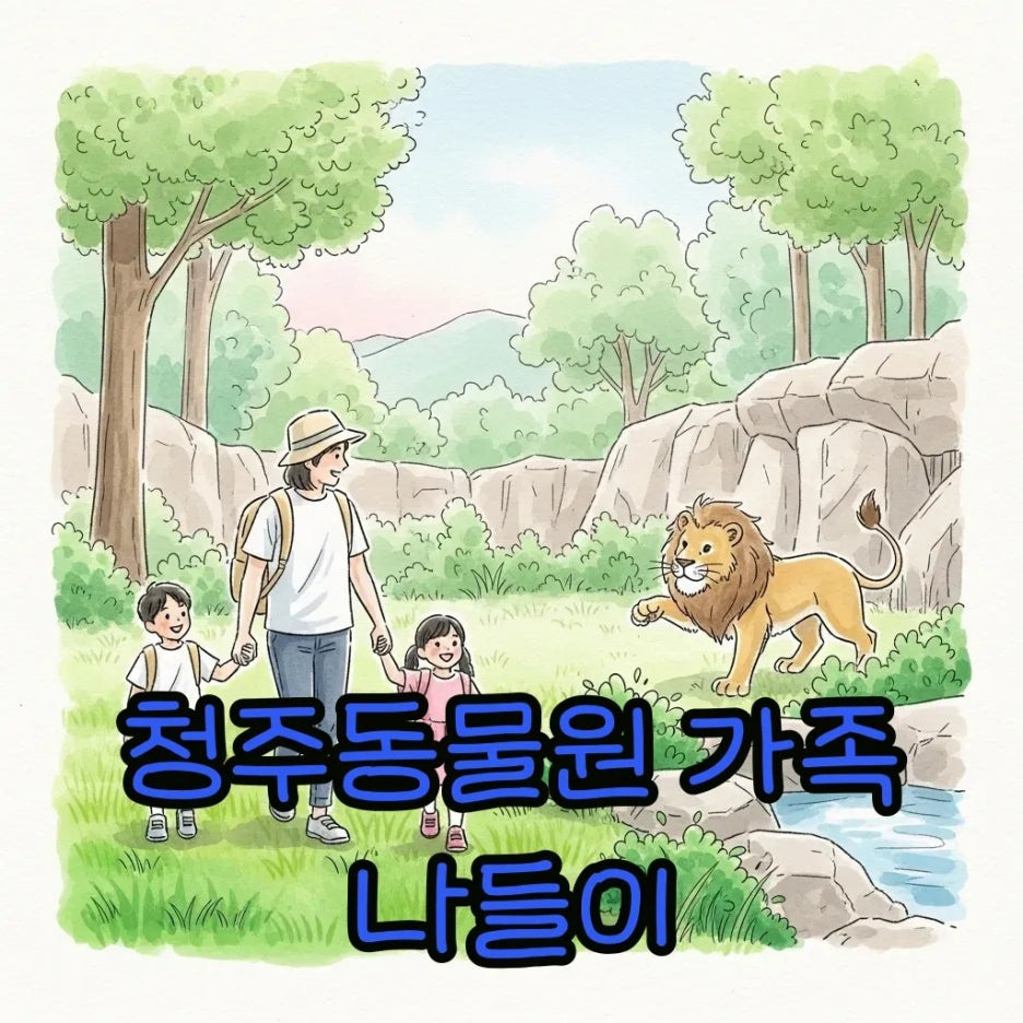 청주동물원에서 가족이 사자를 보며 즐거운 시간 보내는 모습.