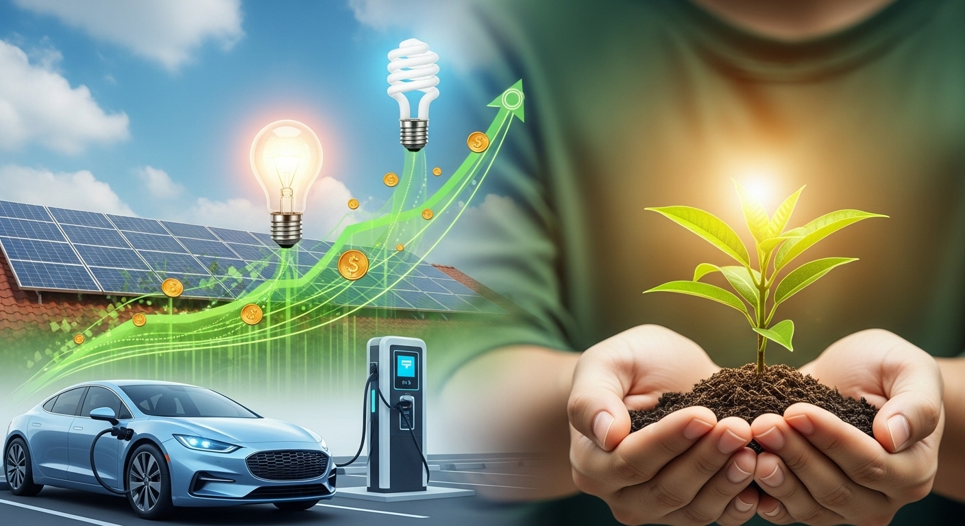 돈을 절약하고 환경을 보호하는 친환경 에너지 지원금을 상징하는, 나무 새싹과 태양광 패널, 전기차가 어우러진 희망찬 풍경.