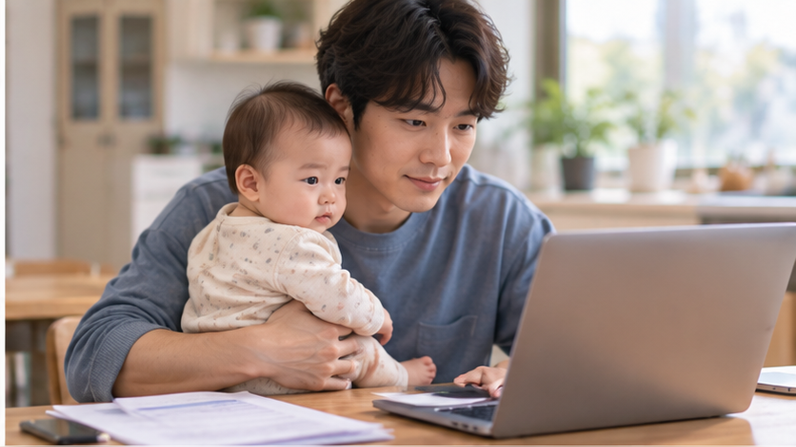 아기를 안고 노트북으로 육아휴직 급여 신청하는 아빠