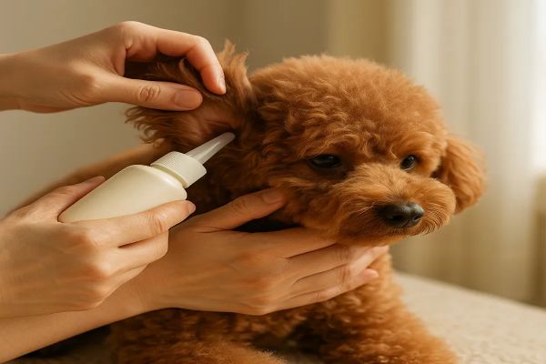 보호자가 세정제를 넣고 귀 밑을 부드럽게 마사지하는 단계별 귀 청소 장면