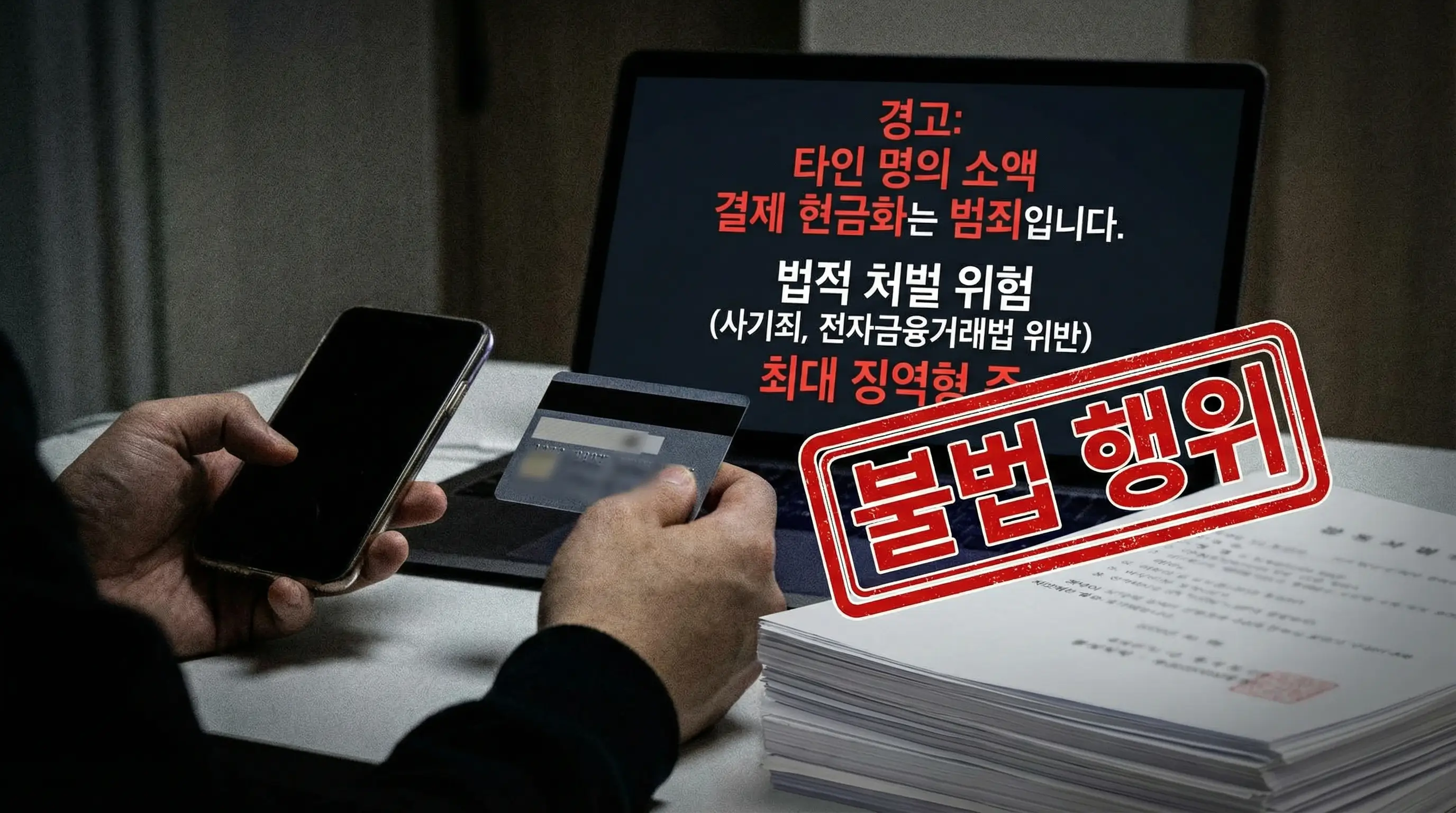 타인 명의 소액 결제 현금화의 법적 처벌 위험성을 경고하는 이미지