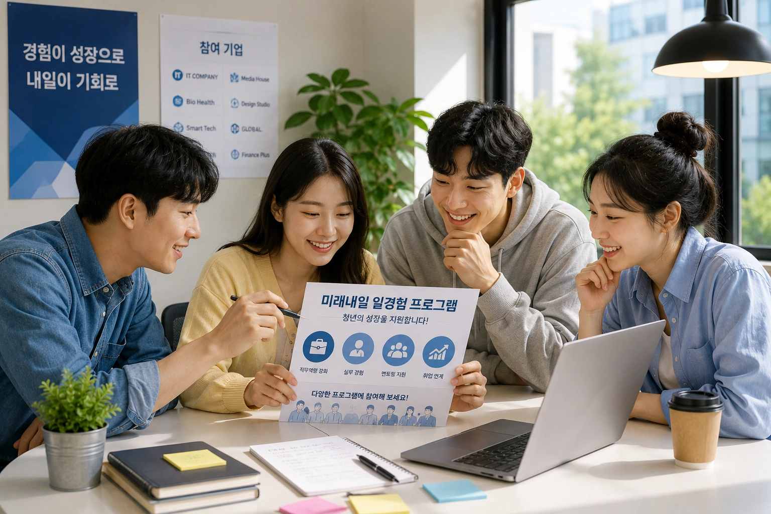 대학생과 취업 준비 청년들이 미래내일 일경험 프로그램 안내 자료를 함께 살펴보며 참여 대상을 확인하는 모습