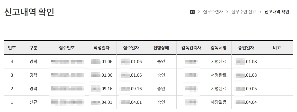 건축사 응시자격 실무수련 (경력 신고서) 작성 예시