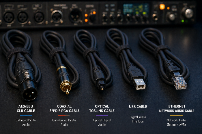 AES EBU, S PDIF, 광케이블, USB, LAN 디지털 오디오 케이블이 정리된 이미지