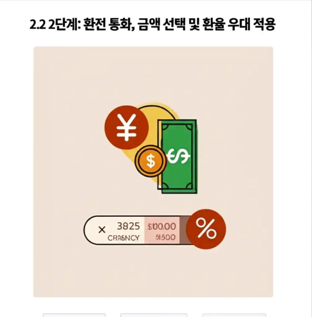 카카오페이 당일 환전 방법, 통화&middot;금액 선택 및 환율 우대 적용 화면