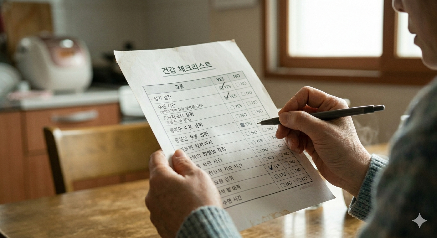 당뇨 초기증상 자가진단 체크리스트를 펜으로 확인하는 중년 여성의 손 클로즈업