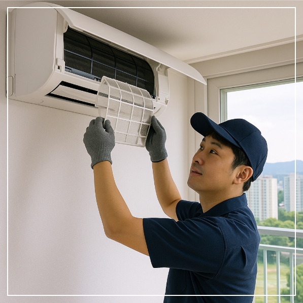 전라남도 순천의 고층 아파트 실내에서, 벽걸이형 에어컨 필터를 점검하는 전문 청소 기술자의 집중된 모습이 담긴 장면입니다.