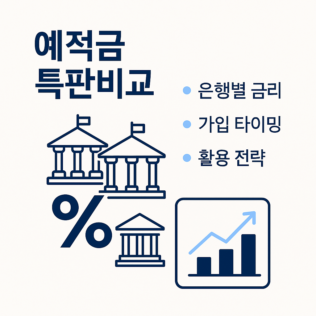예적금 특판비교라는 제목 아래 은행 아이콘, 퍼센트 기호, 상승 그래프 아이콘이 배치된 인포그래픽. 오른쪽에는 '은행별 금리', '가입 타이밍', '활용 전략'이라는 항목이 점 리스트 형식으로 정리되어 있음. 전체적으로 네이비와 연한 블루 색상이 사용된 깔끔한 금융 정보 이미지