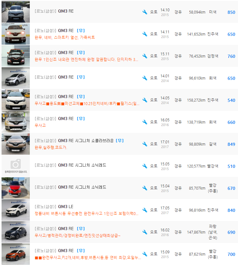 QM3 등급 중고차 가격 : 320만원 ~ 1,180만원