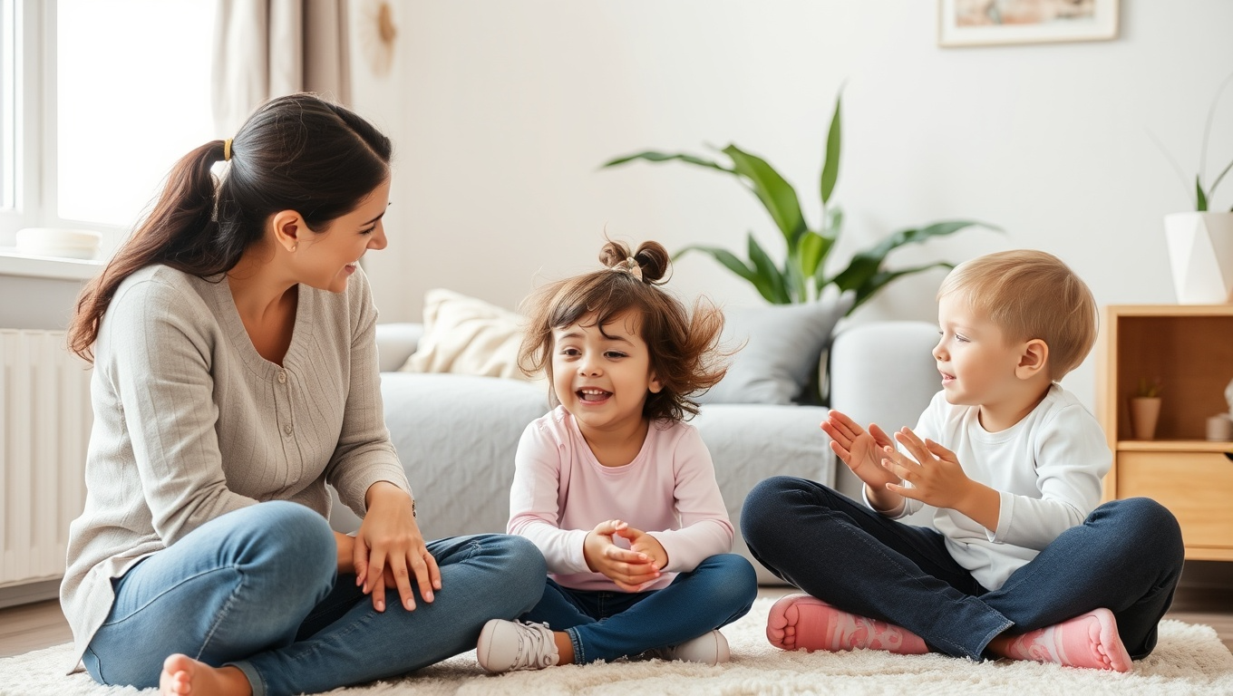 아이들과 대화하는 어머니.