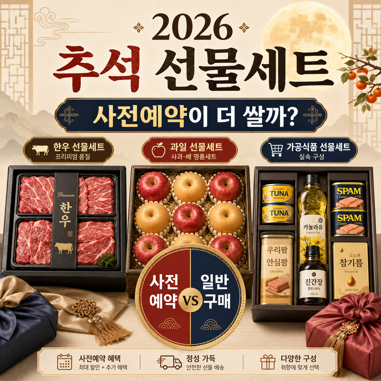2026 추석 선물세트 가격 비교와 사전예약 할인 여부를 보여주는 이미지