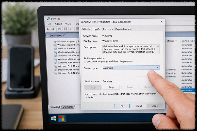 윈도우 서비스에서 Windows Time 설정을 확인하는 모습
