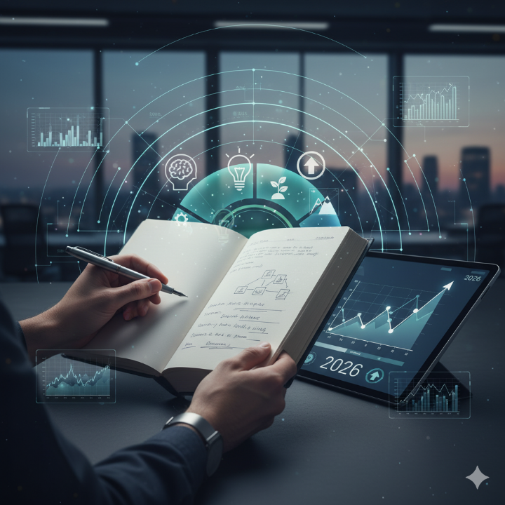 책을 읽고 메모하는 모습과 성장 곡선을 나타내는 심플한 아이콘