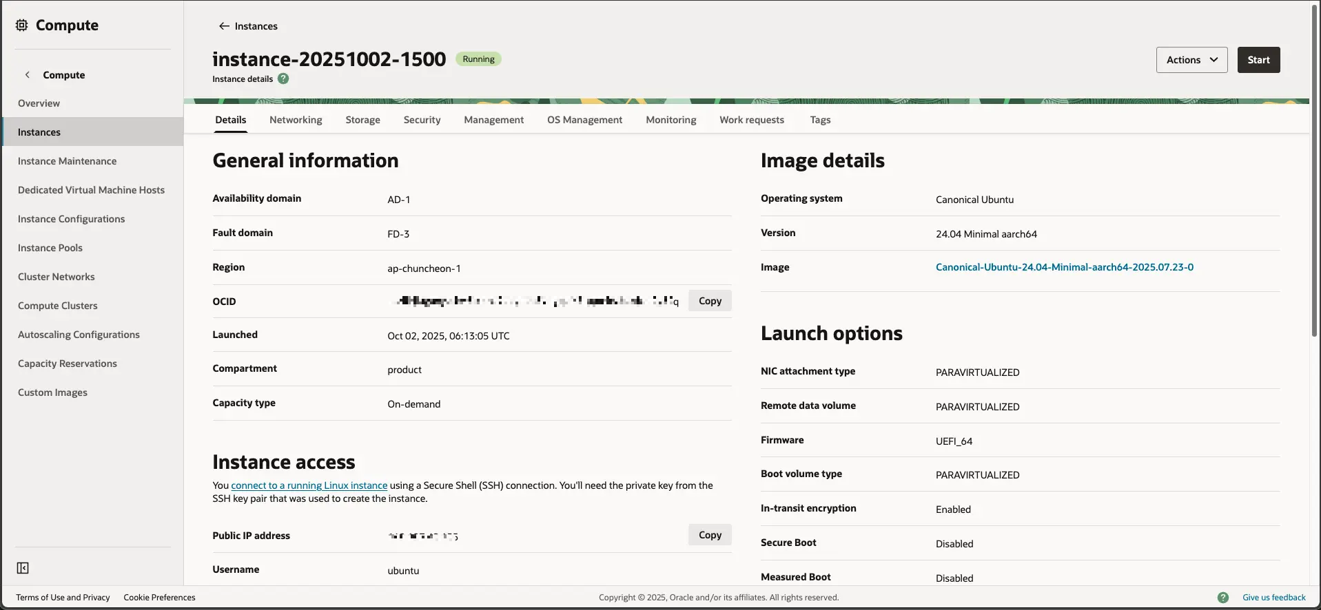 오라클 클라우드 - Compute - Instances - Instance Detail