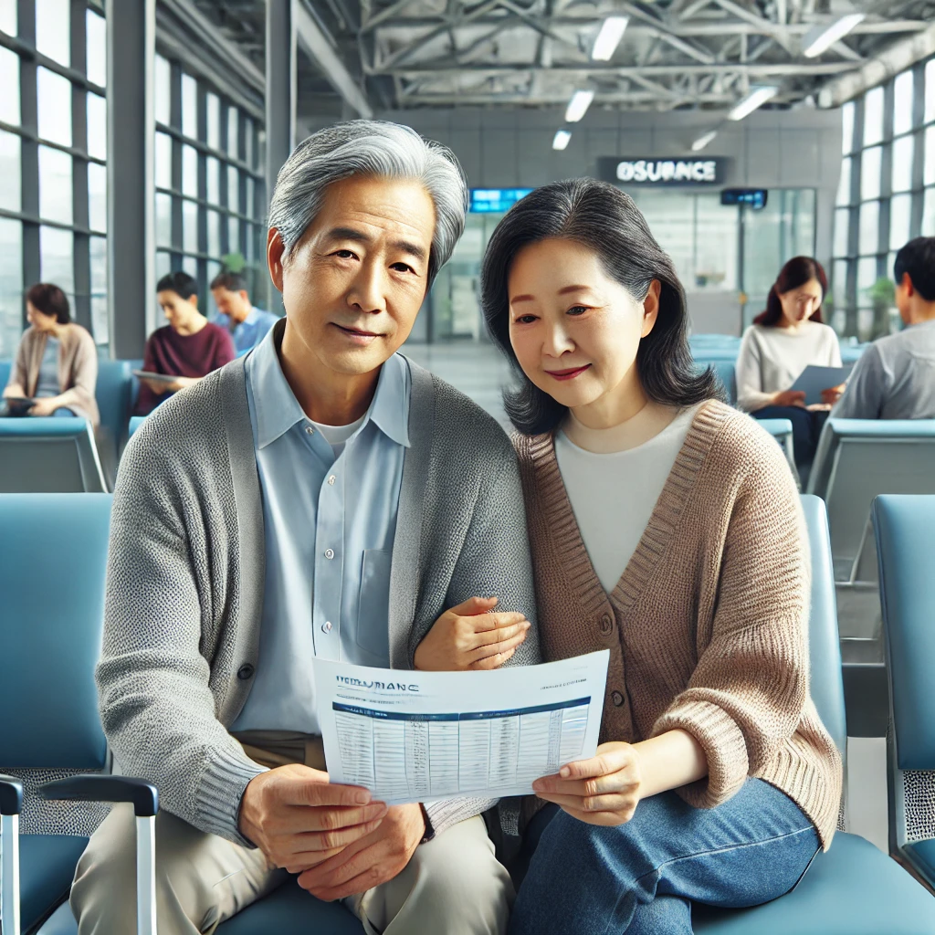 병원 대기실에서 보험서류 보는 부부