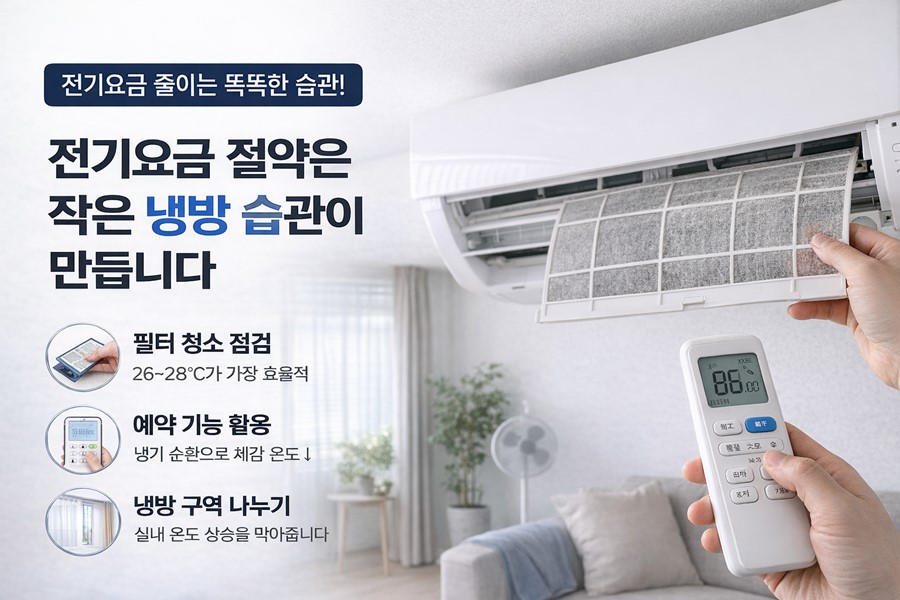 에어컨 필터 청소, 예약 기능 활용, 냉방 구역 분리로 여름철 전기요금을 절약하는 실전 방법을 설명하는 이미지입니다.
