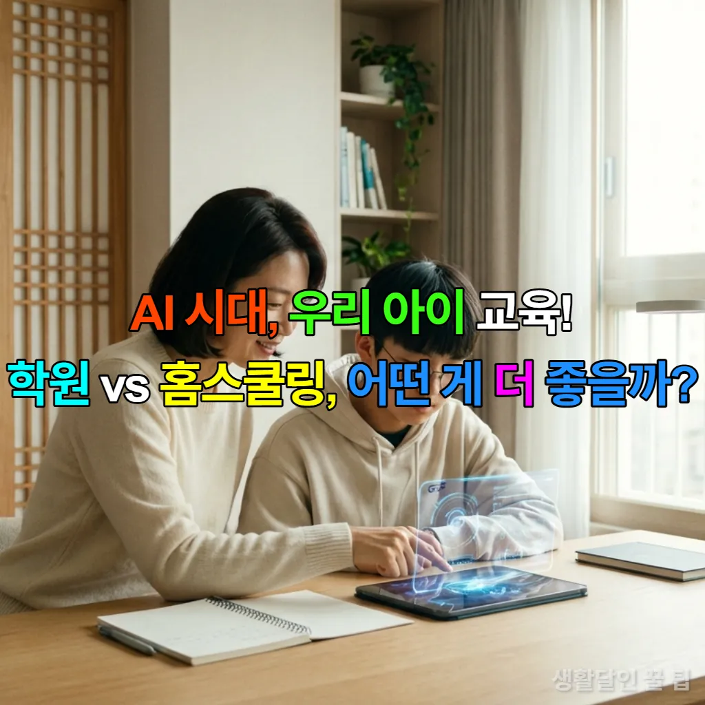 AI 시대 자녀 교육에 대해 고민하는 한국인 엄마와 아이가 태블릿으로 학습하는 모습