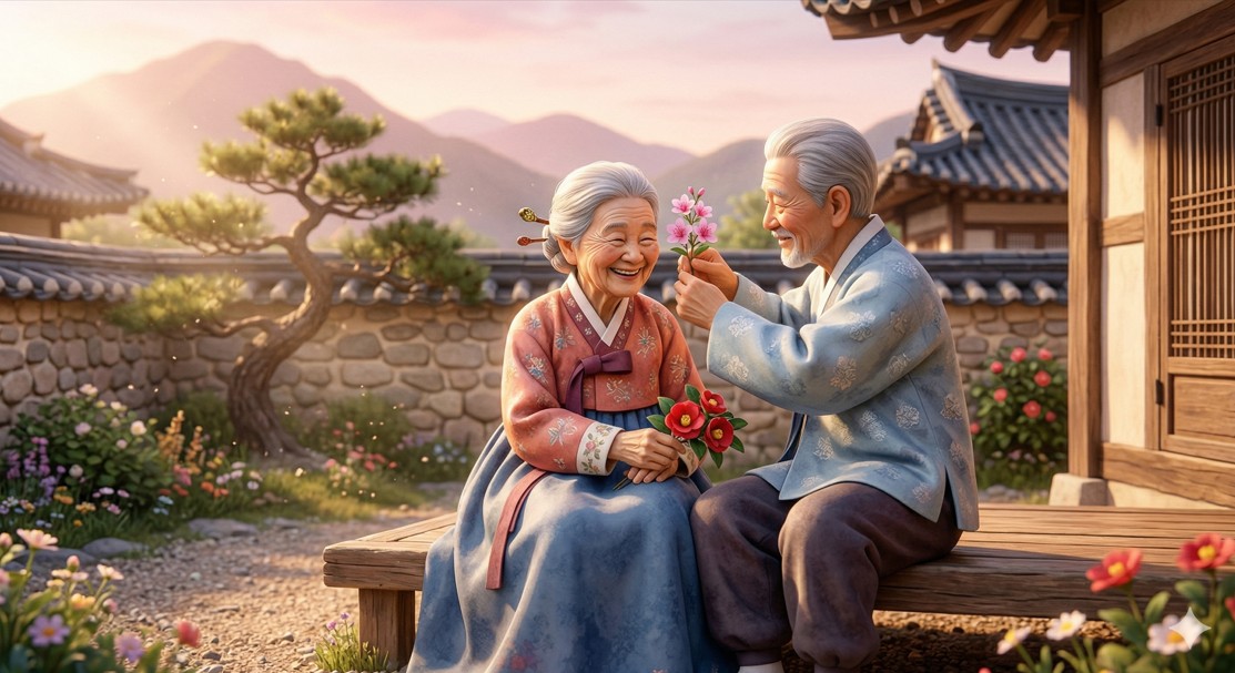 전통 한복을 입은 노부부가 서로에게 꽃을 꽂아주는 영화 속 명장면을 재해석한 3D 렌더링