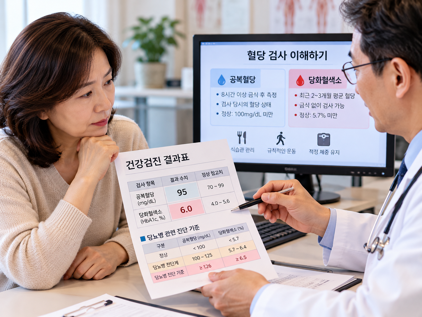 의료진과 건강검진 결과를 상담하며 혈당 수치를 확인하는 중년 성인