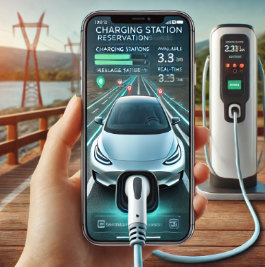 스마트폰 화면에 충전소 예약 시스템이 표시되어 있어 여행 중 실시간 상태 업데이트의 편리함을 강조합니다.
