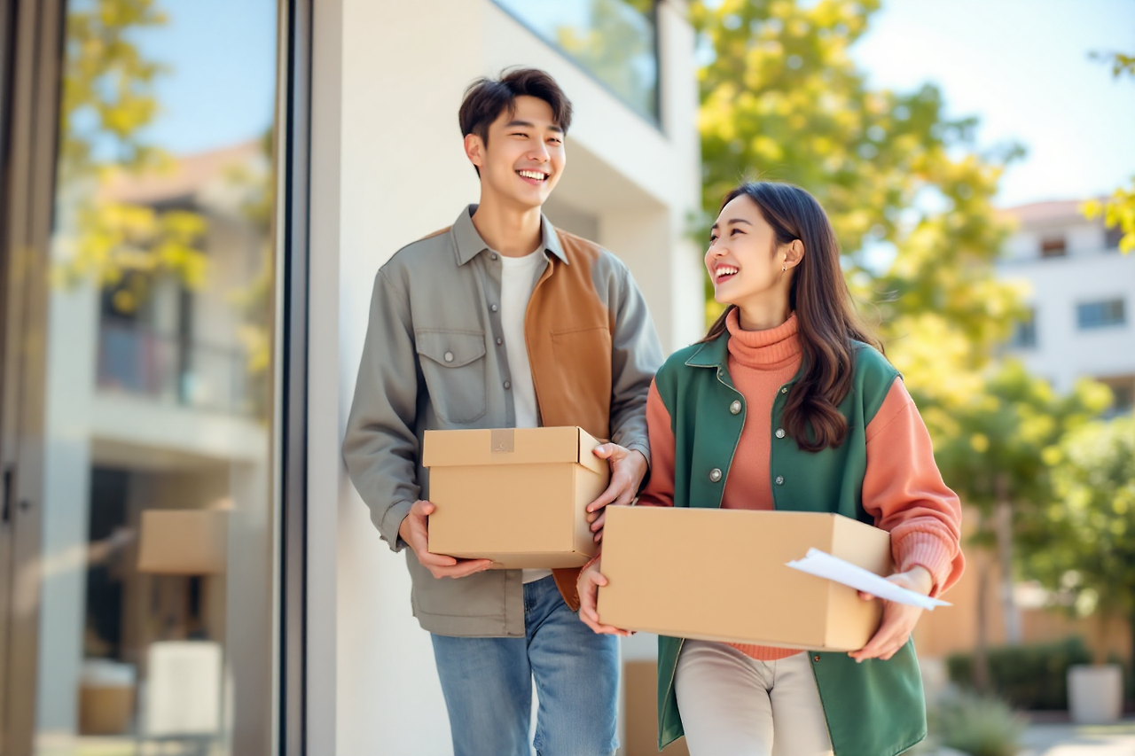 이삿짐 옮기는 젊은부부