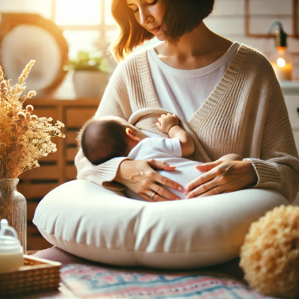 수유 쿠션을 사용하여 편안하게 수유하는 엄마