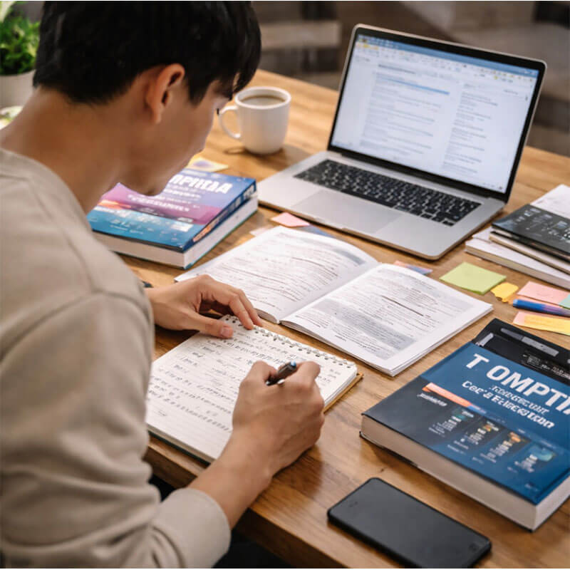 IT 자격증 시험 준비를 위해 교재와 노트북을 펼쳐 놓고 공부하는 학생 모습