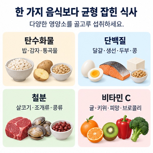 탄수화물, 단백질, 철분, 비타민 C가 풍부한 음식을 영양소별로 비교한 이미지