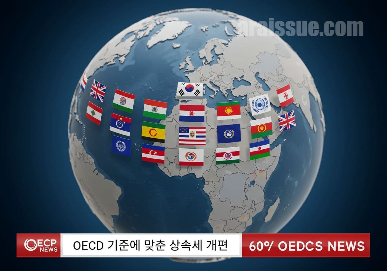 뉴스 화면 속 지구에 OECD 국가들의 깃발이 표시되어 상속세 국제 흐름을 시각적으로 설명하는 장면