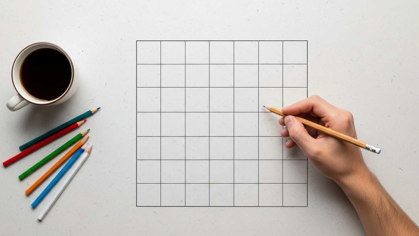 거대한 목표를 세부 행동으로 쪼개기 위한 만다라트 계획표를 그리는 과정