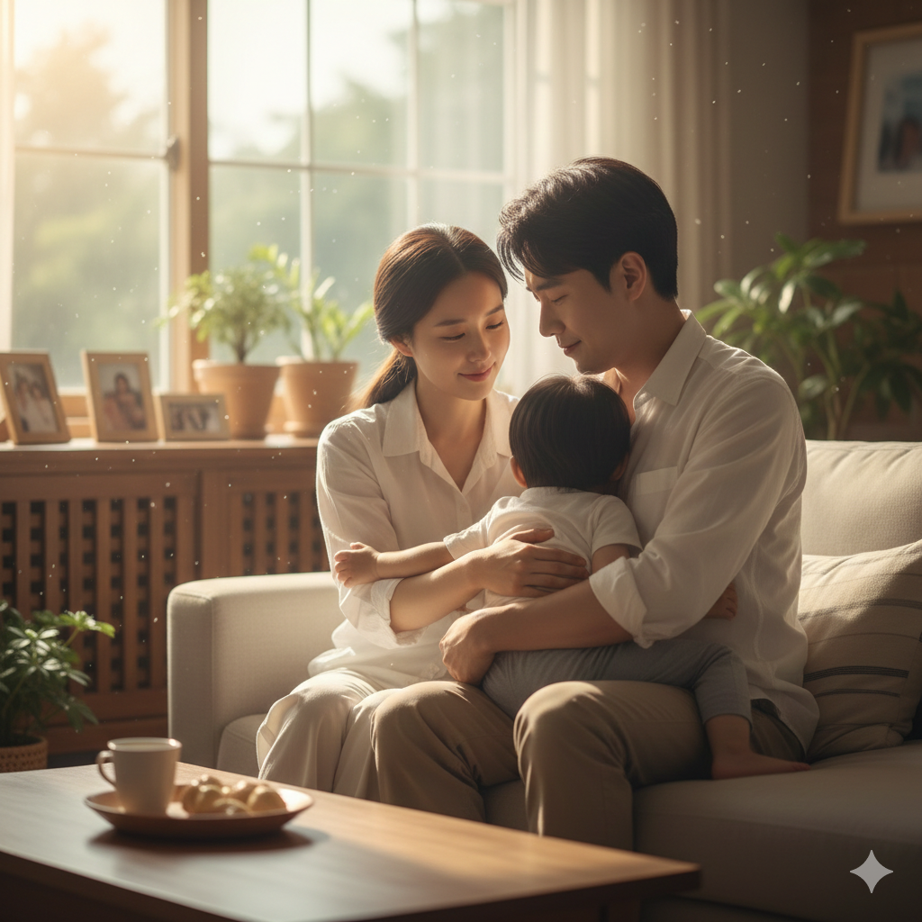따뜻한 햇살이 비치는 거실, 부모의 품에 안겨 편안하게 숨을 고르고 있는 아이의 평온한 뒷모습